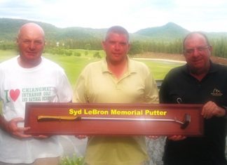 Mark Reid (centre) was the winner of the Syd LeBron Memorial Putter with 108 points from Phil Waite (right) with 104 points and Steve Mann (left) with 103.